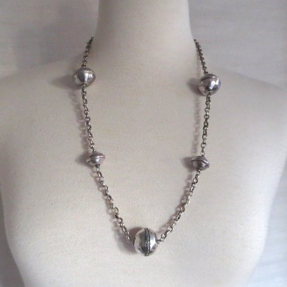 Vintage Jewelry - Long Vintage Large Round Oval Bead Bohemian Silver Necklace